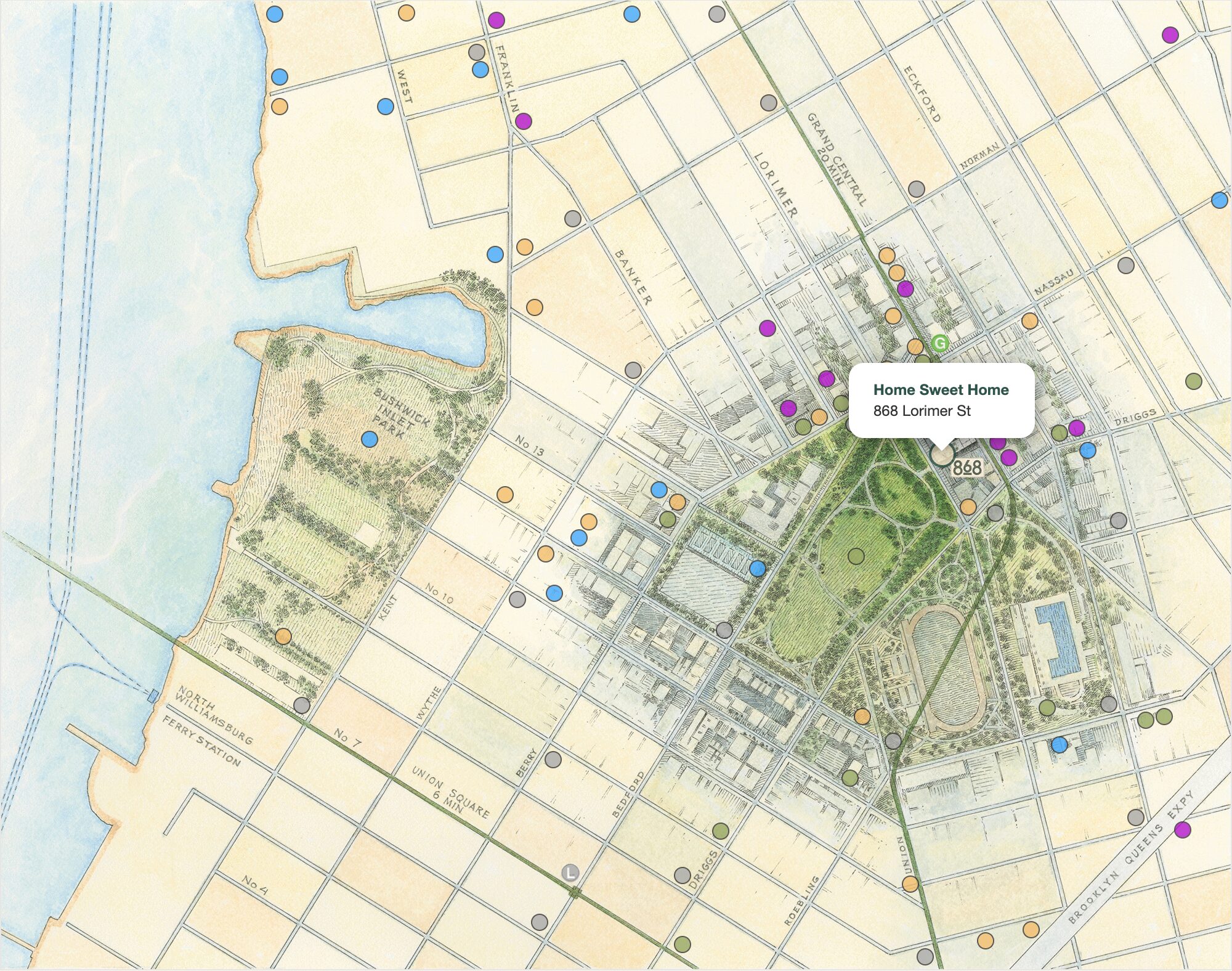 The illustrated neighborhood map, dotted with color-coded places and a popup over the building that says Home Sweet Home