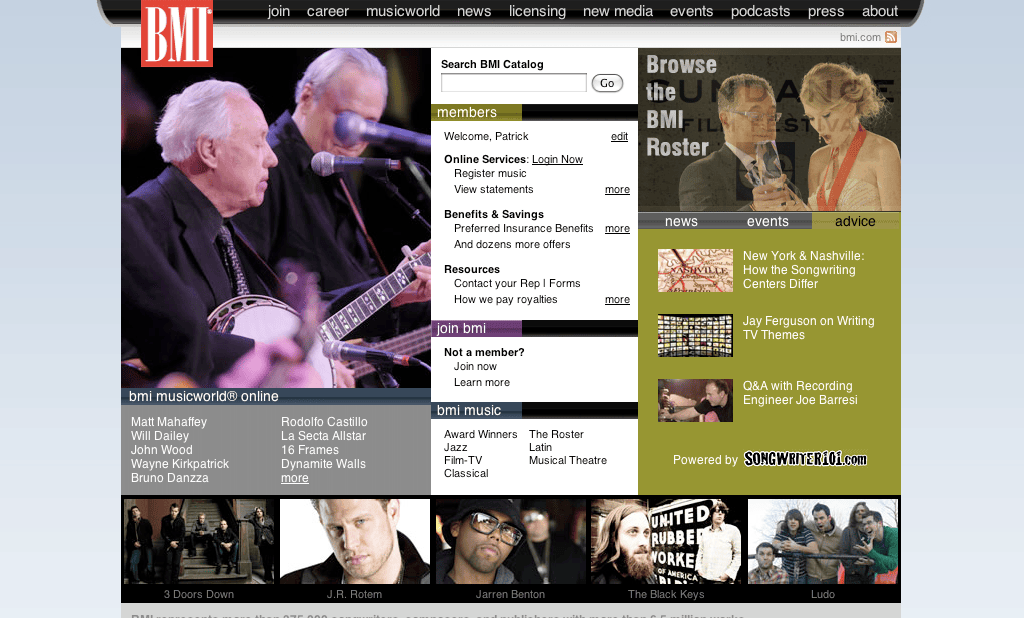 The BMI.com home page in 2009, with musicians on stage, member links, news and advice, and a row of BMI artists