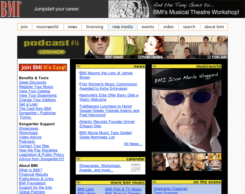The BMI.com home page in 2007, with a podcast banner, news, a MusicWorld feature on Merle Haggard, and a calendar
