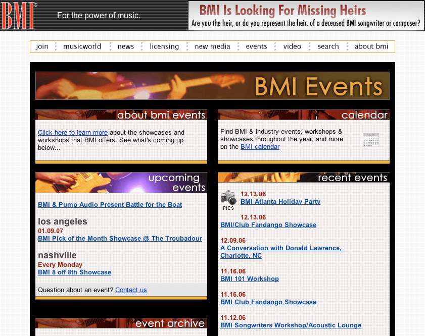 The BMI Events page in 2007, with upcoming showcases and workshops by city and a calendar