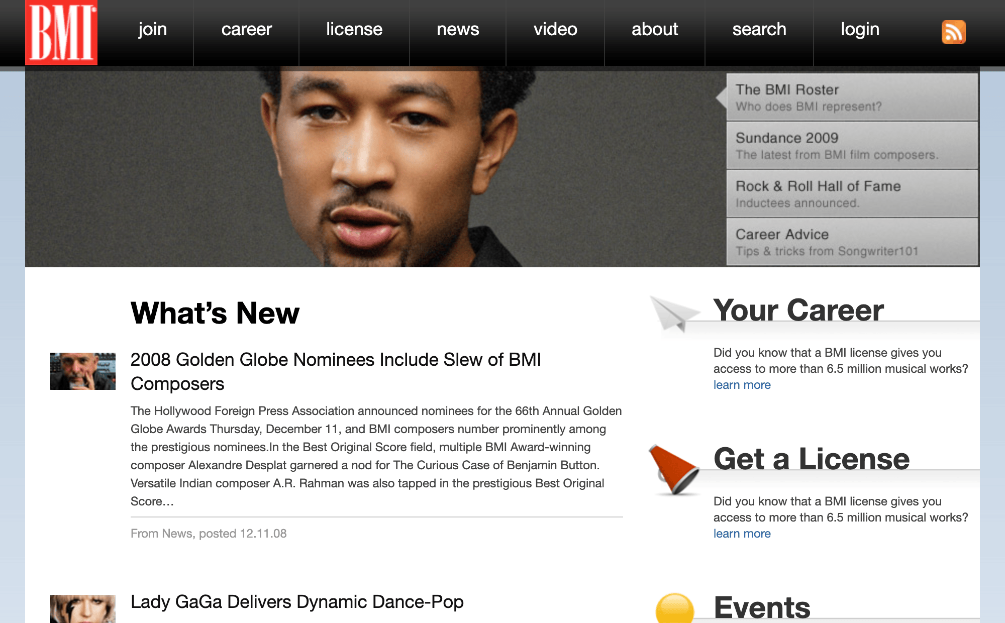 A prototype BMI.com home page from 2009, with a large artist photo, What’s New stories, and sidebars for careers, licensing, events, and music genres