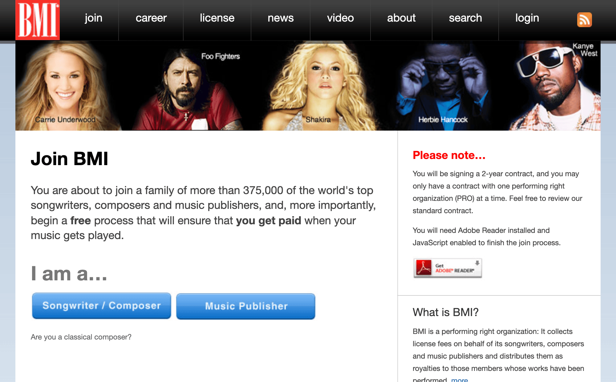 A prototype Join BMI page with an artist banner and buttons for songwriters and music publishers