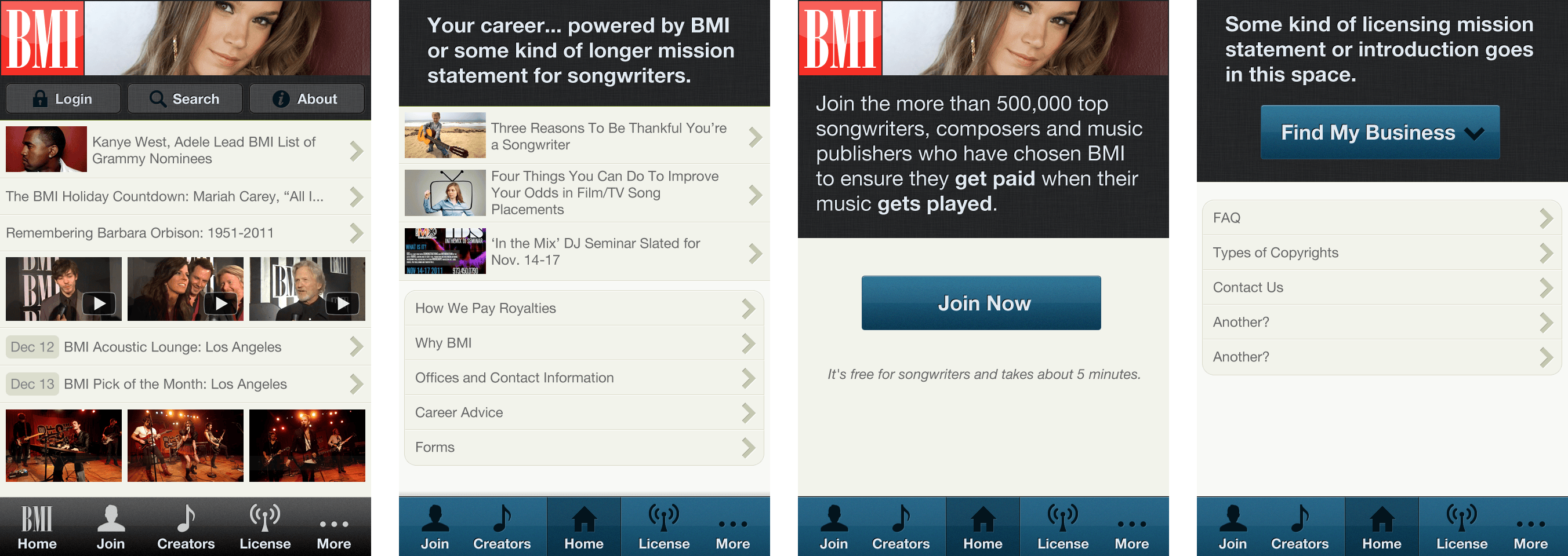 Four screens from BMI’s mobile app design, showing the home, creators, join, and licensing sections with a tab bar along the bottom