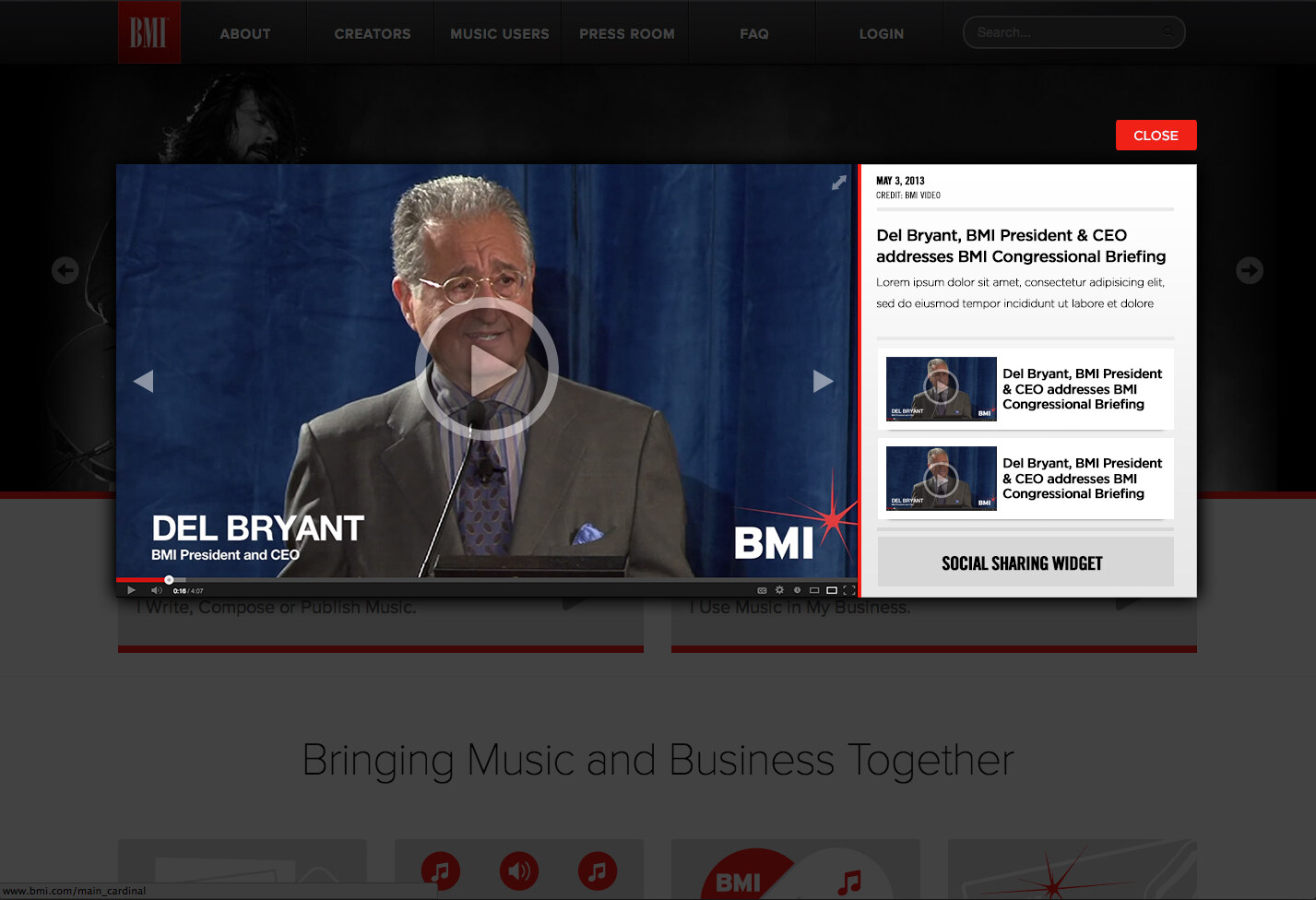 BMI’s full-screen media player, with a large video still of BMI’s CEO, a caption sidebar, and sharing options