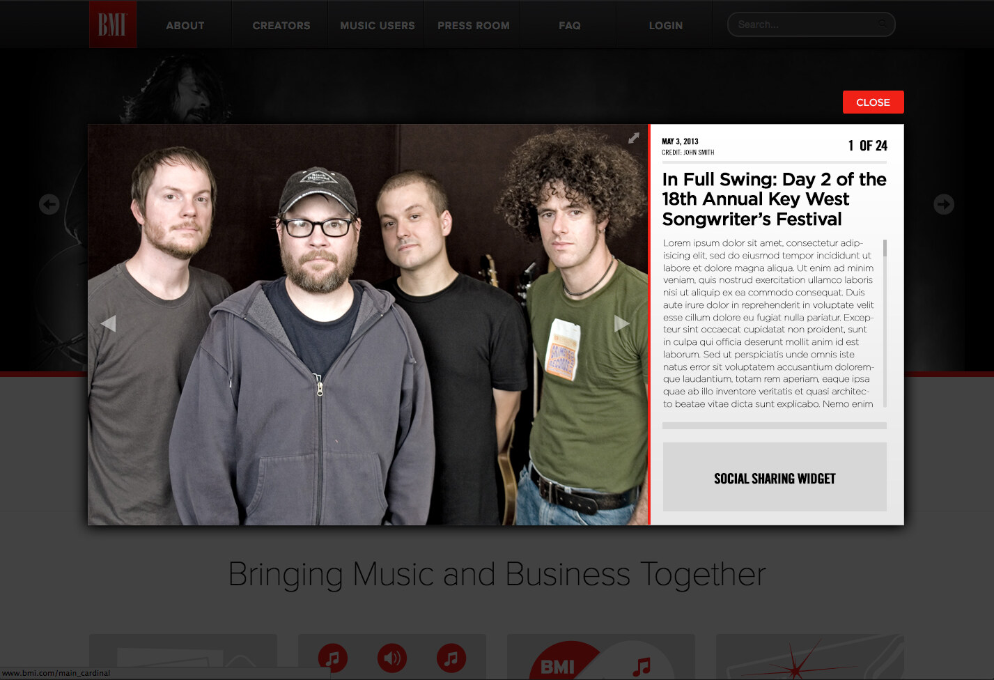 The media player showing a large photo of a band with its caption and sharing options