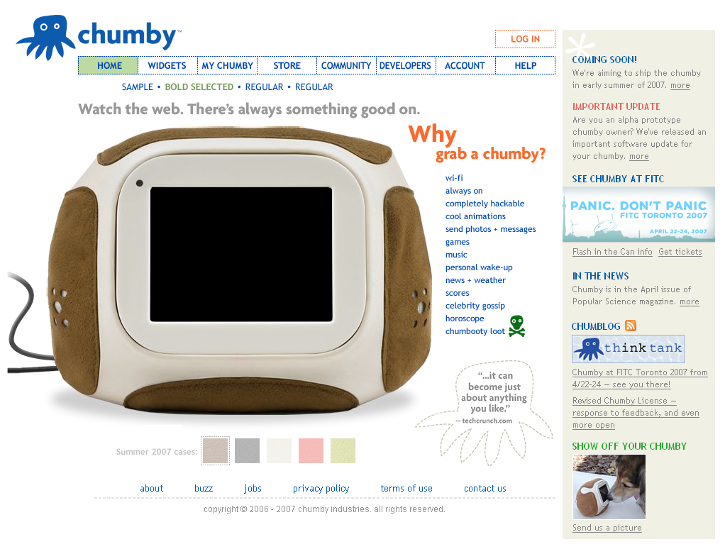 The Chumby home page in 2007, with a large photo of a Chumby in a brown leather case, a list of reasons to grab one, a row of summer 2007 case colors, and news in a sidebar