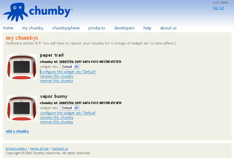 The “my chumbys” page in 2006, listing two Chumbys, paper trail and vapor bunny, each with its ID, a widget mix menu, and links to configure, rename, or remove it