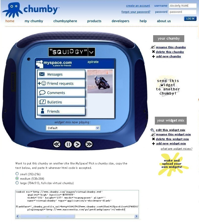 A My Chumby page with a blue virtual Chumby playing a MySpace widget, controls to rename the Chumby and edit its widget mix, and embed code for putting it on another site
