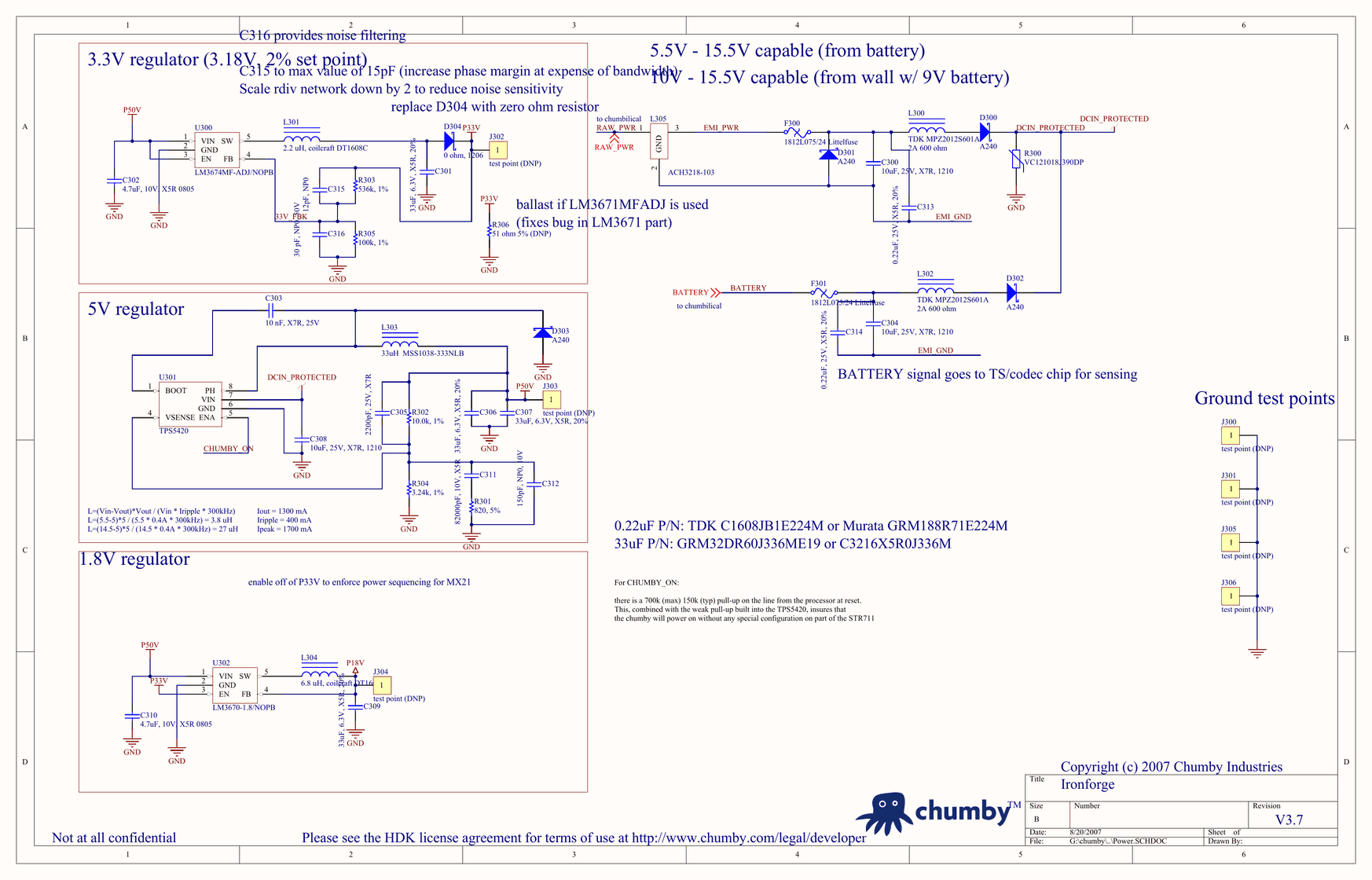 The power supply sheet of the original Chumby’s schematics, code-named Ironforge, with its 3.3V, 5V, and 1.8V regulators, engineers’ notes, and “Not at all confidential” in the corner, dated August 20, 2007