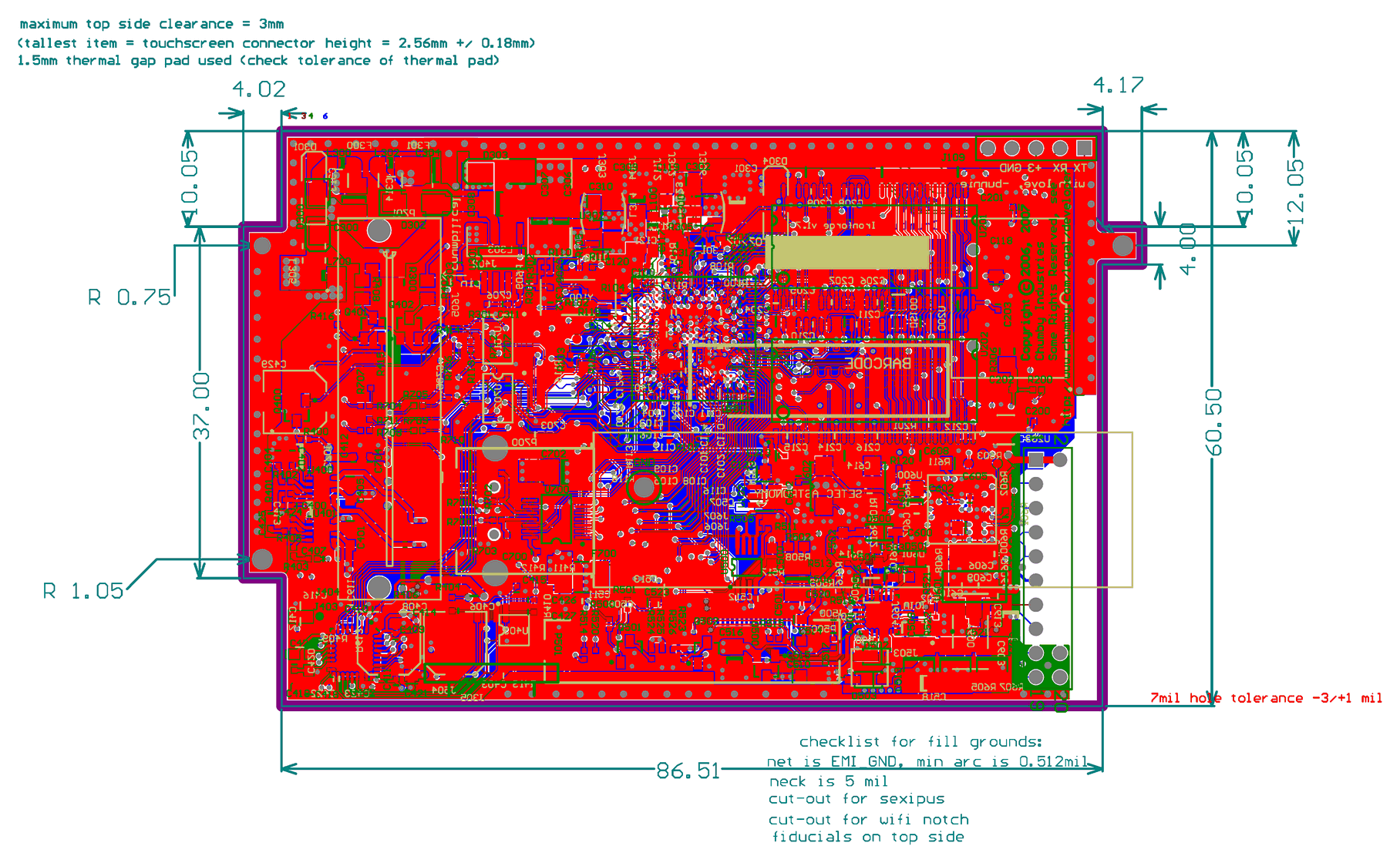 The layout of the original Chumby’s circuit board in red, blue, and green layers, with its measurements, a checklist of notes, and “-bunnie- with love” in the silkscreen