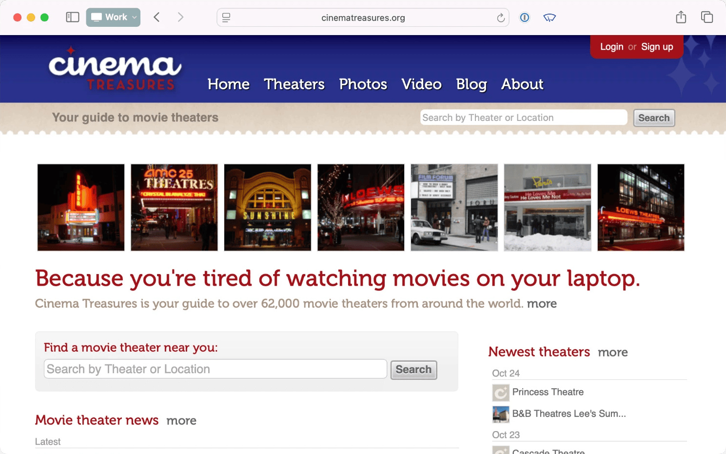The Cinema Treasures home page in Safari, with a row of marquee photos and the headline “Because you’re tired of watching movies on your laptop.”