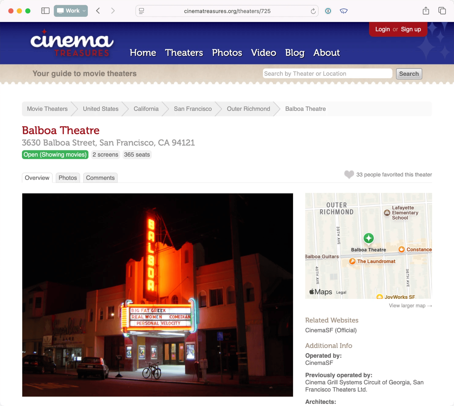 The Cinema Treasures page for the Balboa Theatre in San Francisco, with a photo of its neon marquee at night and a map of the Outer Richmond