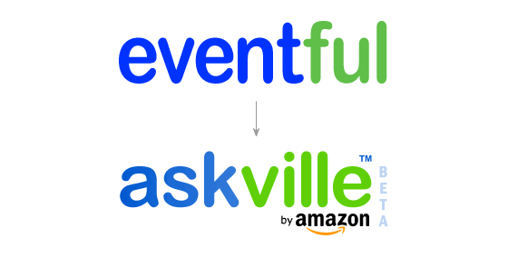 The Eventful logo above Amazon’s first Askville logo, which uses the same rounded lowercase type in blue and green