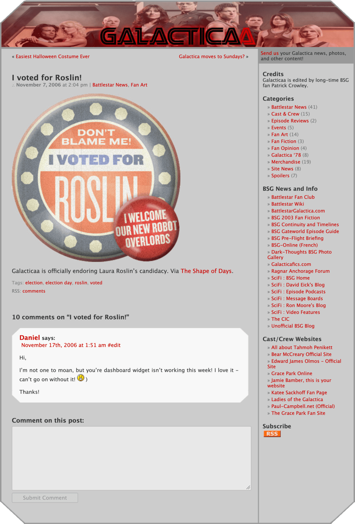 A Galacticaa post titled “I voted for Roslin!” with a campaign button that reads “Don’t blame me, I voted for Roslin,” on a page with cut corners