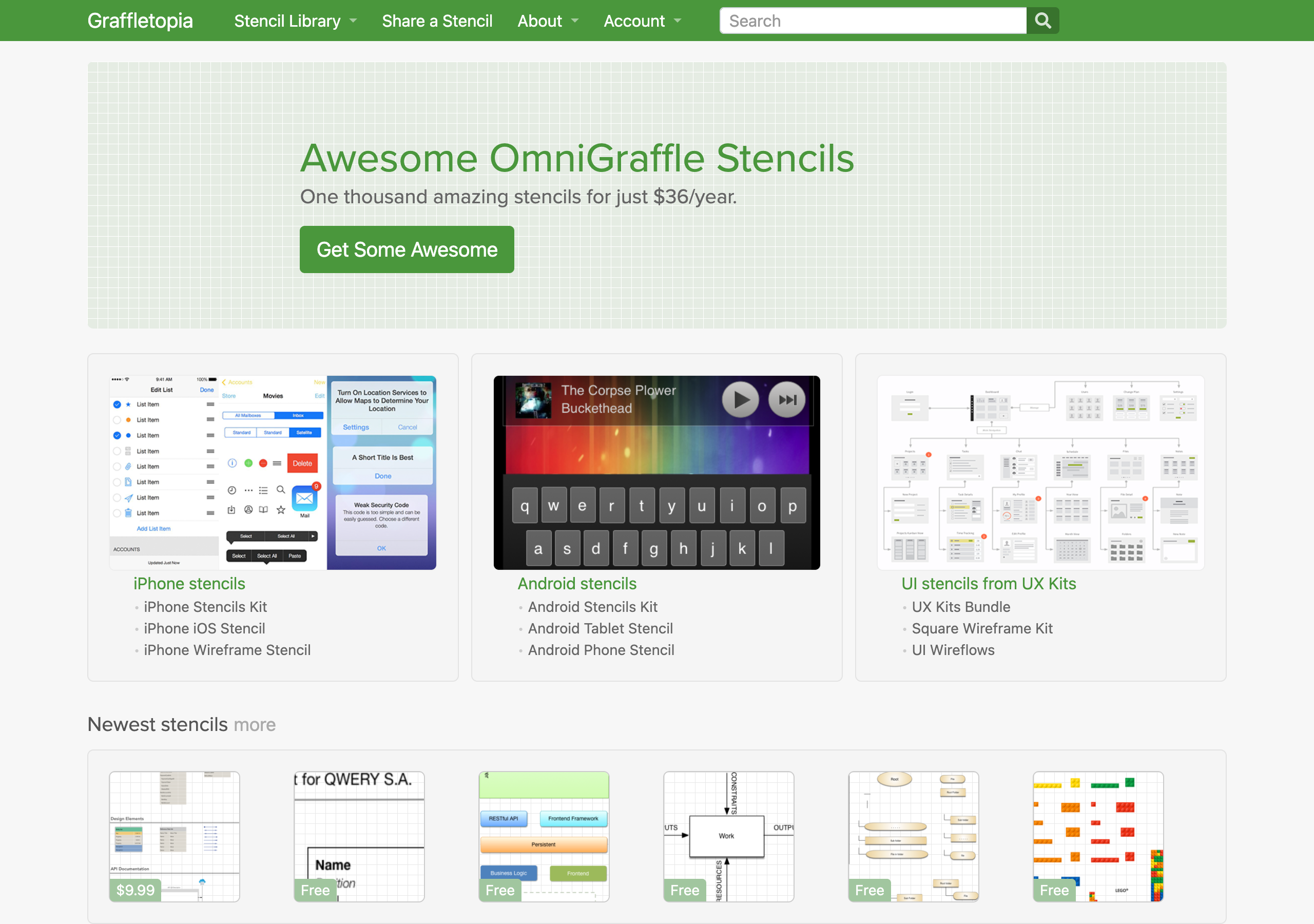 The Graffletopia home page, with featured stencils for iPhone, Android, and UX Kits, and the newest stencils below