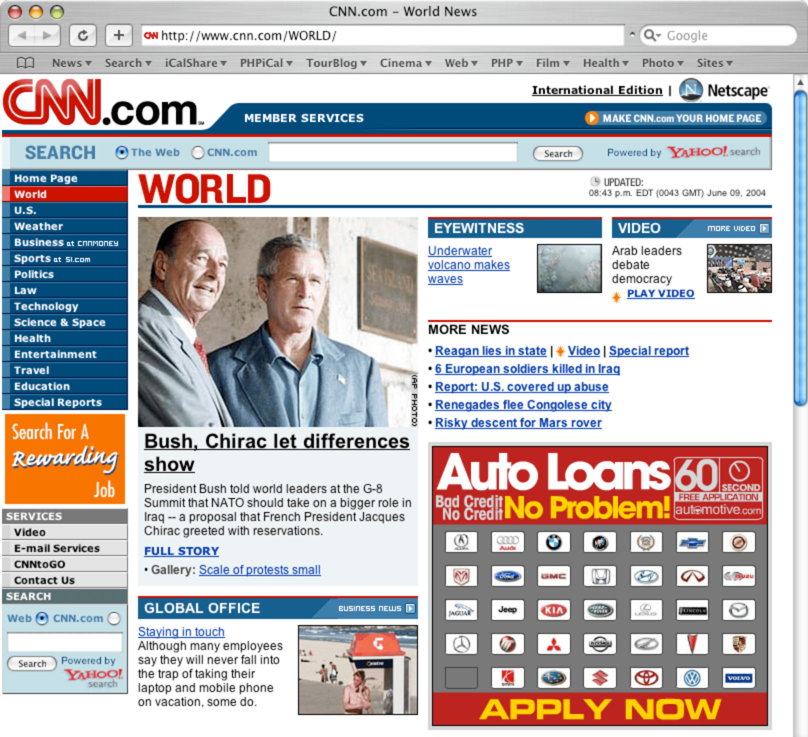 CNN.com’s World page from June 9, 2004, with a story on Bush and Chirac at the G8 summit and a link to a gallery of protests
