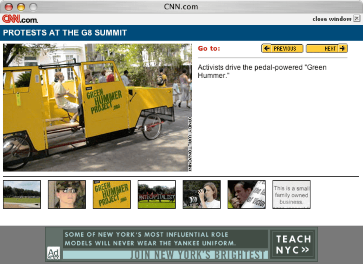 A CNN.com gallery titled Protests at the G8 Summit, with a photo of the yellow Green Hummer captioned “Activists drive the pedal-powered Green Hummer.”