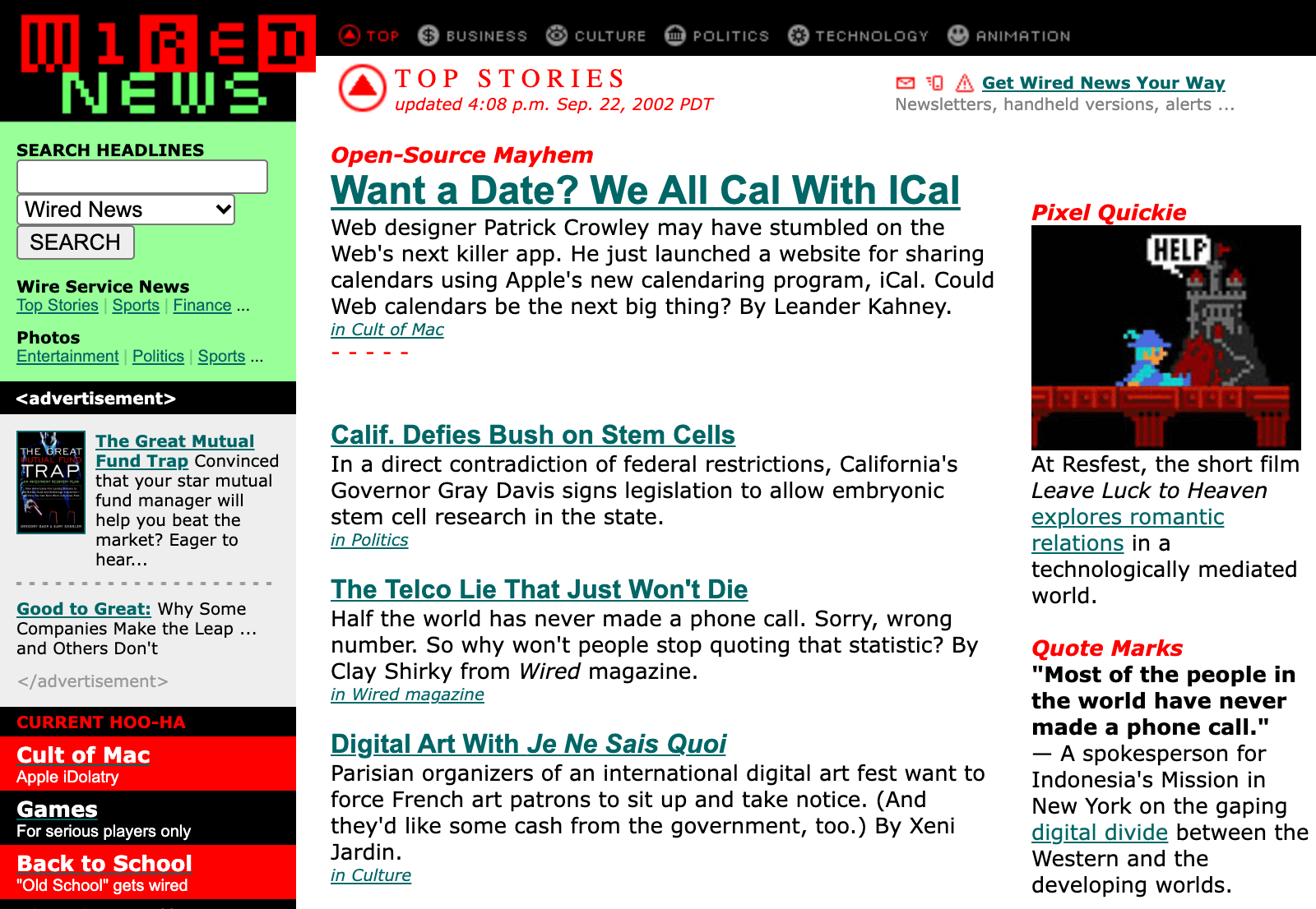 The Wired News front page from September 22, 2002, led by the story “Want a Date? We All Cal With ICal” by Leander Kahney