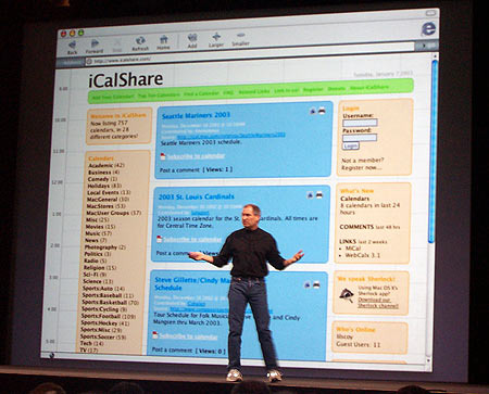 Steve Jobs on stage in front of a giant screen showing the iCalShare home page