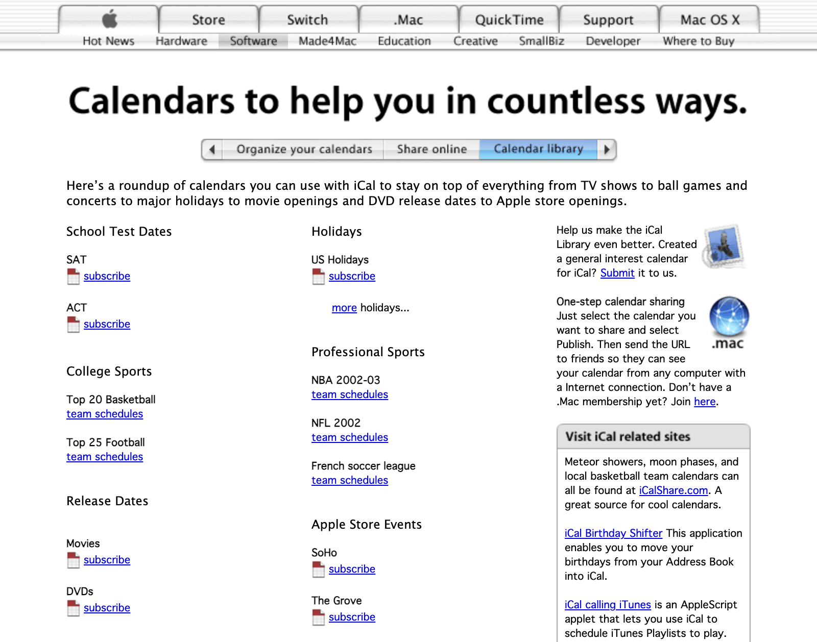 Apple’s iCal Calendar Library page, with a “Visit iCal related sites” box that calls iCalShare.com a great source for cool calendars