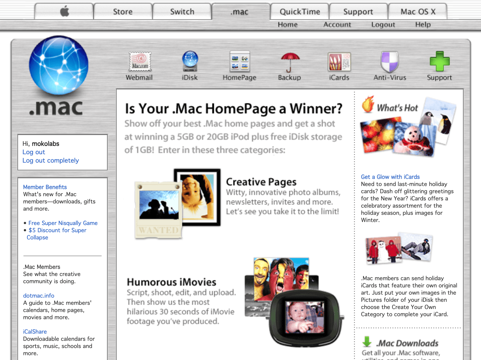 The .Mac welcome page, with an iCalShare link in the sidebar for downloadable calendars for sports, music, schools, and more