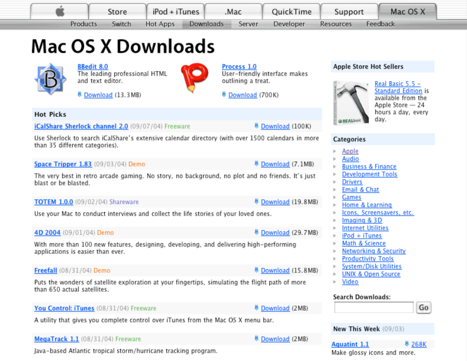 Apple’s Mac OS X Downloads page, with the iCalShare Sherlock channel 2.0 at the top of the Hot Picks