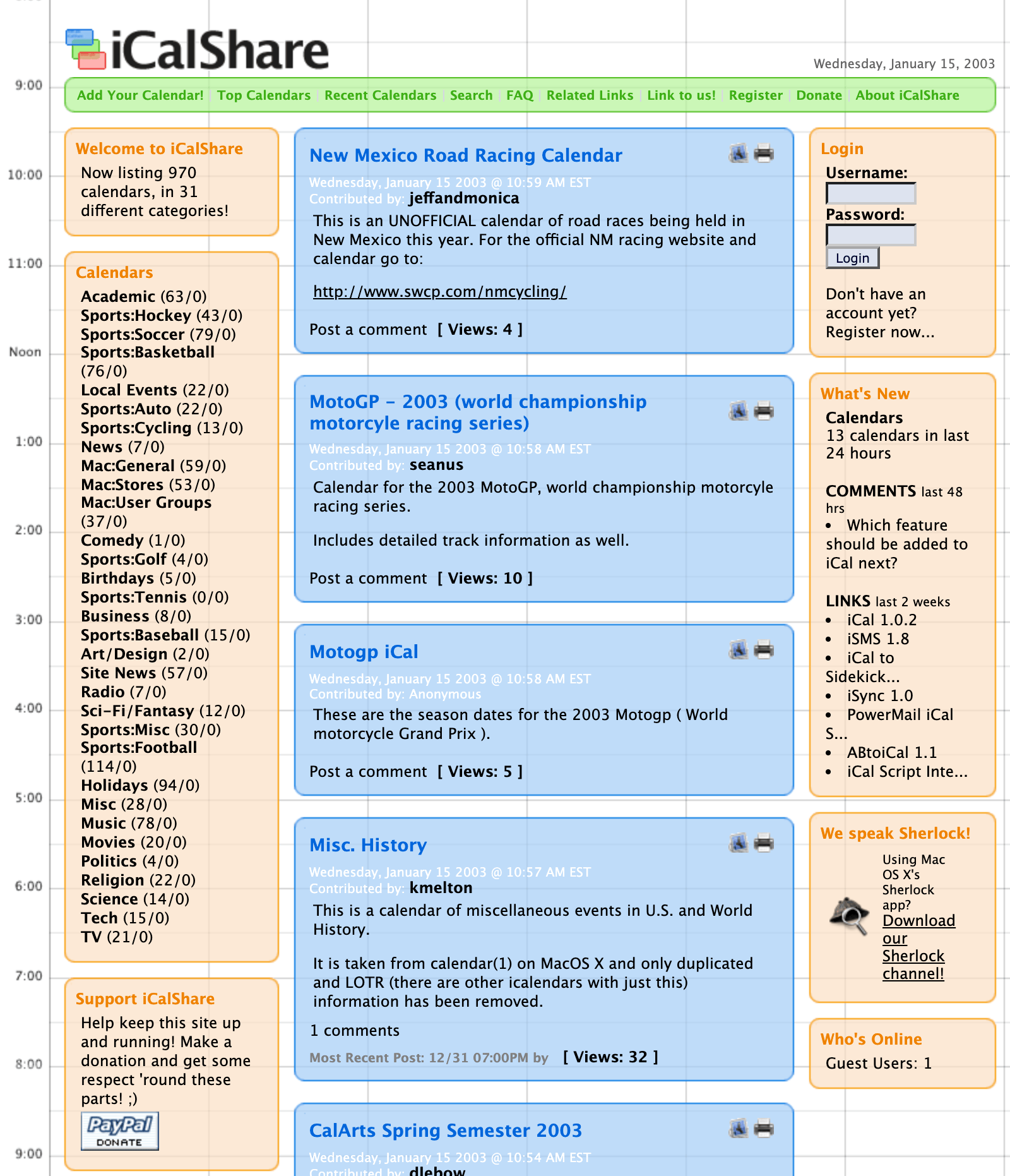 The iCalShare home page on January 15, 2003, on a calendar-grid background, listing 970 calendars in 31 categories, with new calendars for New Mexico road racing, MotoGP, and U.S. history, and a “We speak Sherlock!” sidebar