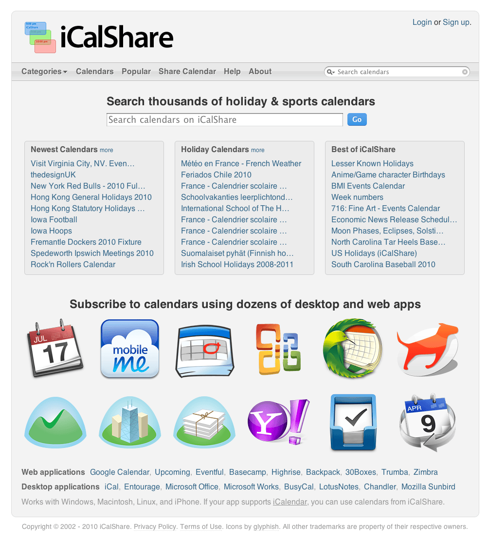 The refreshed iCalShare home page from 2010, with a calendar search, newest, holiday, and best-of calendar lists, and icons for the desktop and web apps that could subscribe