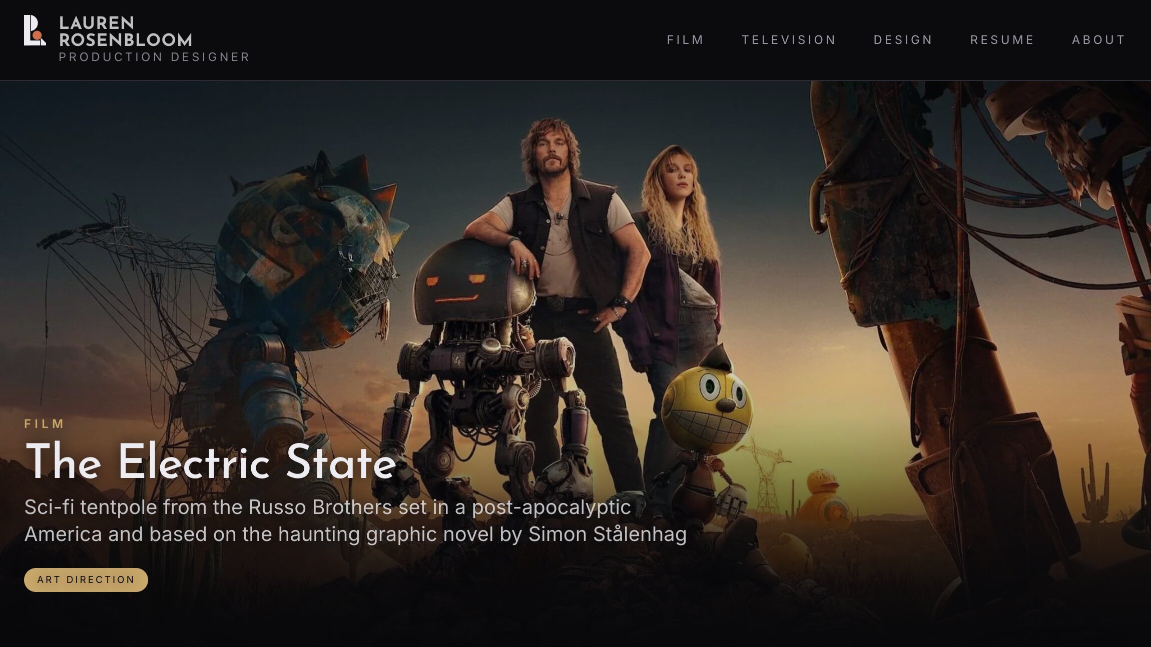 The Electric State project page, with a wide still of the film’s robots in the desert