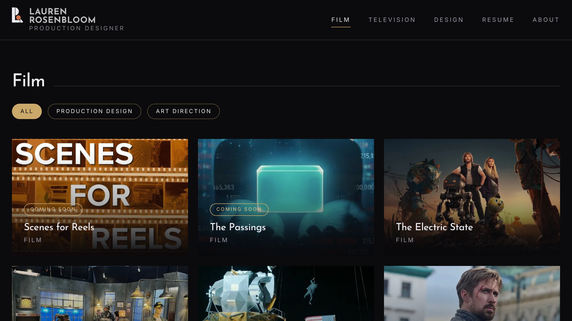 The Film page, with filters for production design and art direction above a grid of projects