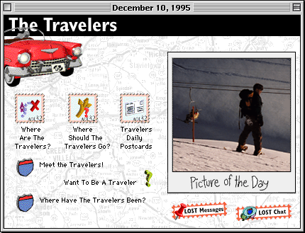 The Travelers screen from December 10, 1995, with a red convertible and a picture of the day