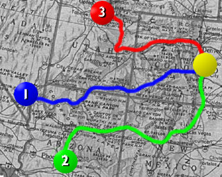 A map of the United States with the travelers’ routes drawn in red, blue, and green