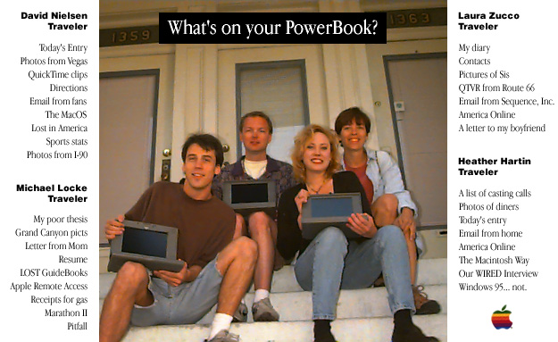 A mockup of an Apple “What’s on your PowerBook?” ad, with four Lost in America travelers on a porch holding PowerBooks, and lists of what each one carried