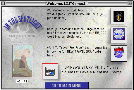 AOL’s welcome screen, with a spotlight item that reads “Want To Travel For Free? Lost In America is looking for NEW TRAVELERS. Apply here.”