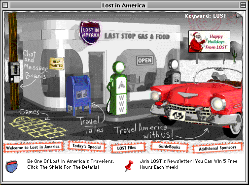 The Lost in America home screen, a 3D roadside diner called Last Stop Gas & Food, with a red convertible and links to chat, message boards, games, and travel tales
