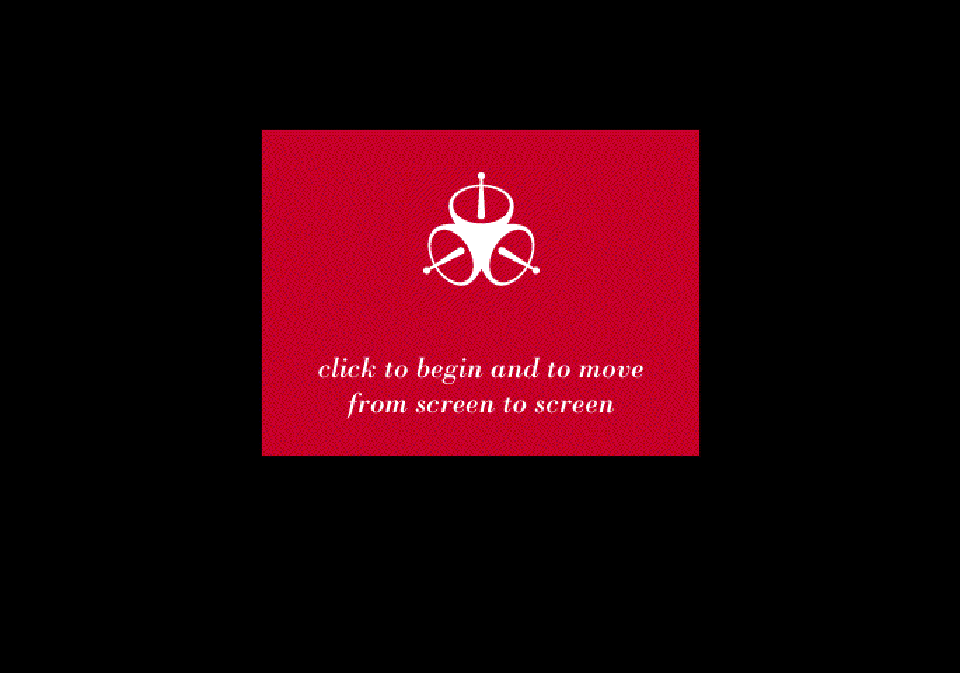 The Satellite logo on a red card, with “click to begin and to move from screen to screen”