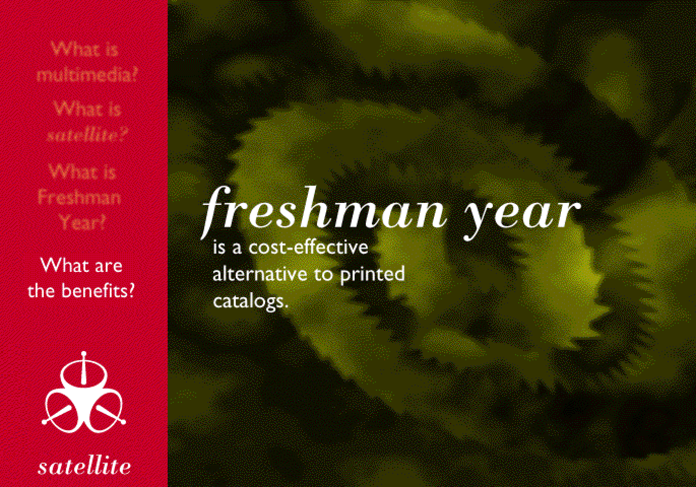 “Freshman year is a cost-effective alternative to printed catalogs,” over a dark green texture