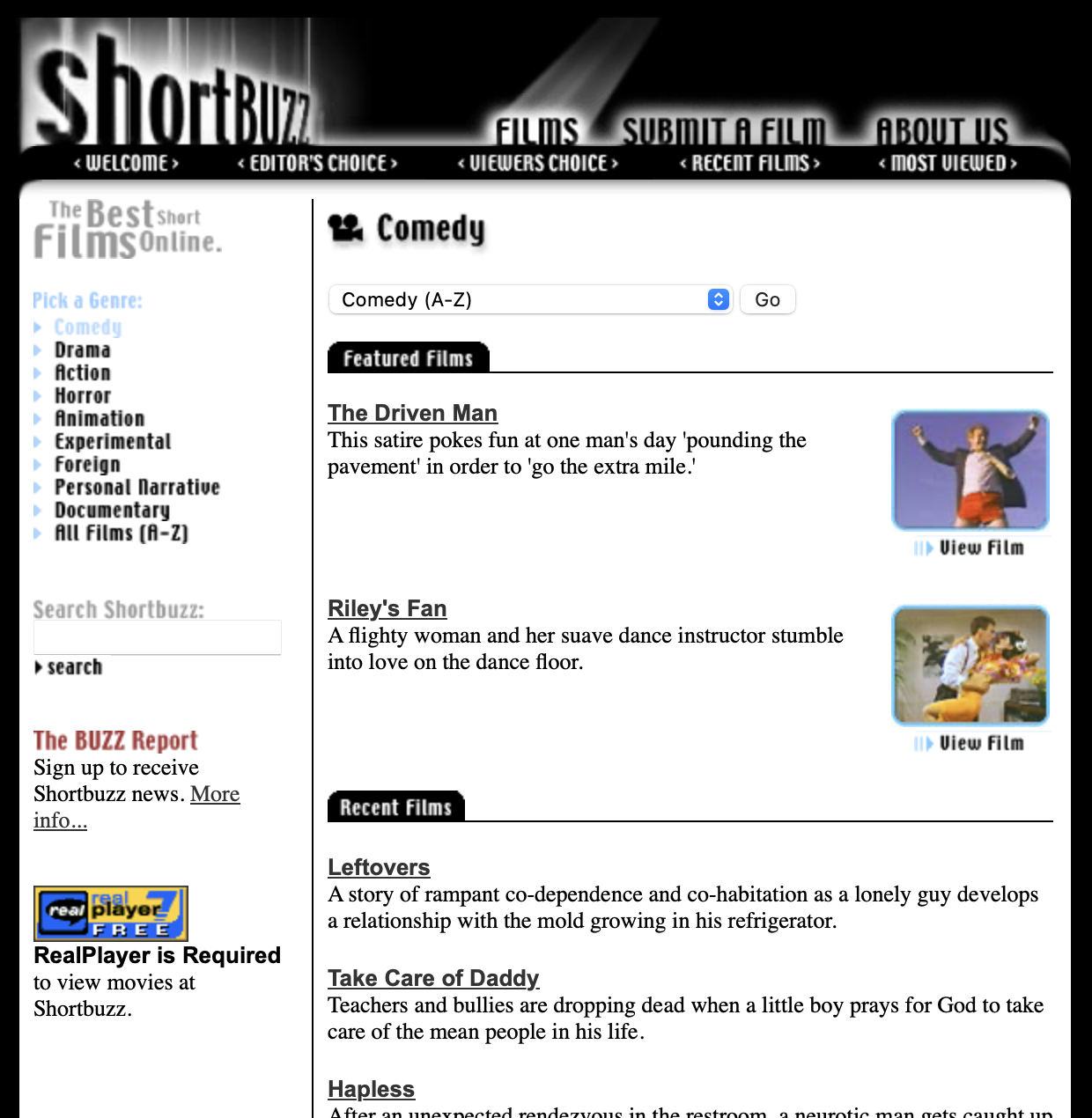 A Shortbuzz genre page listing featured comedy films