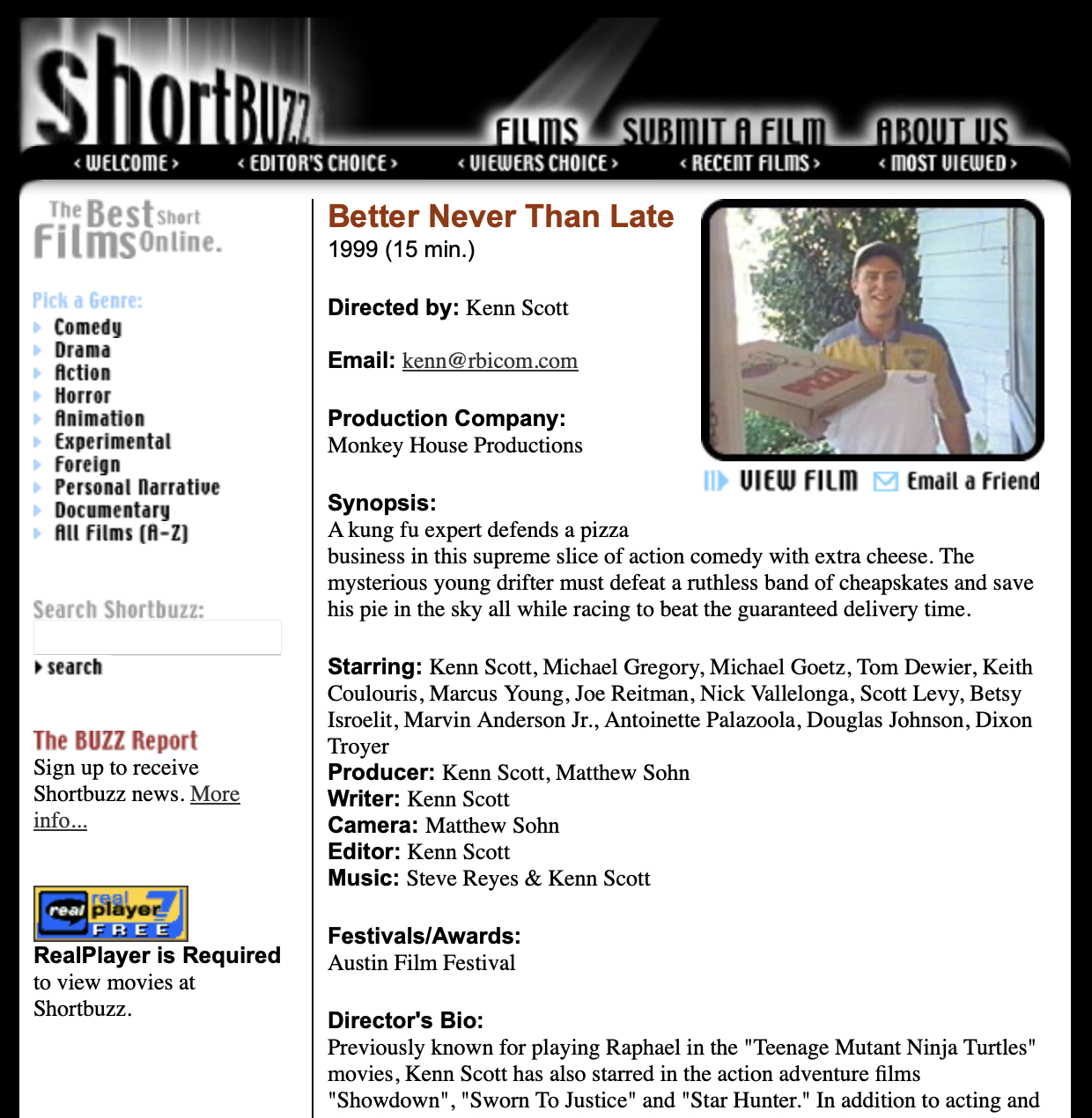 A Shortbuzz film page with credits, a synopsis, and a still from the film