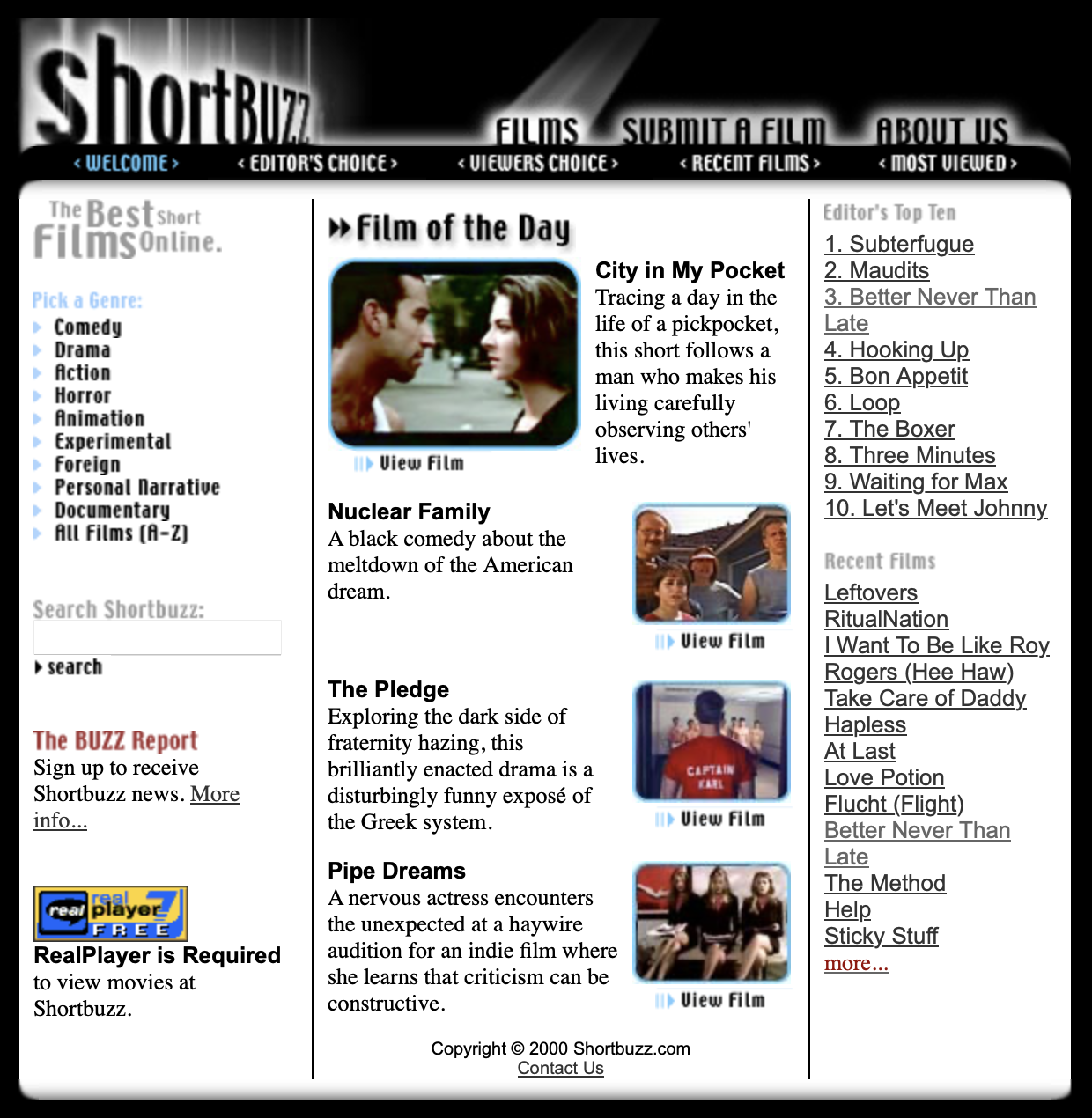 The Shortbuzz home page, with the film of the day and links to every genre