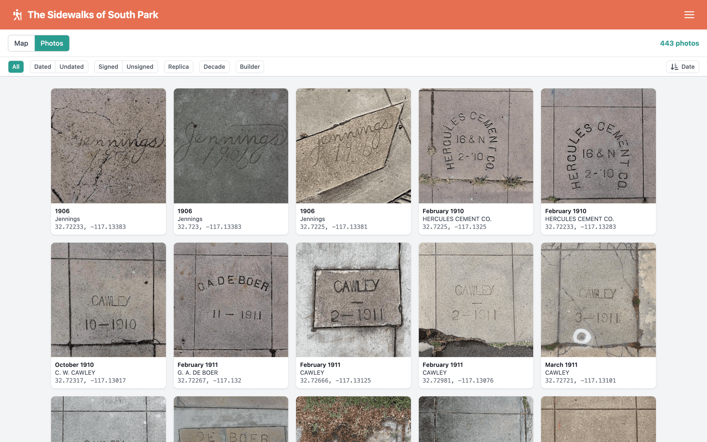 The photos view, a grid of sidewalk stamps from 1906 to 1911, each labeled with its date, builder, and location