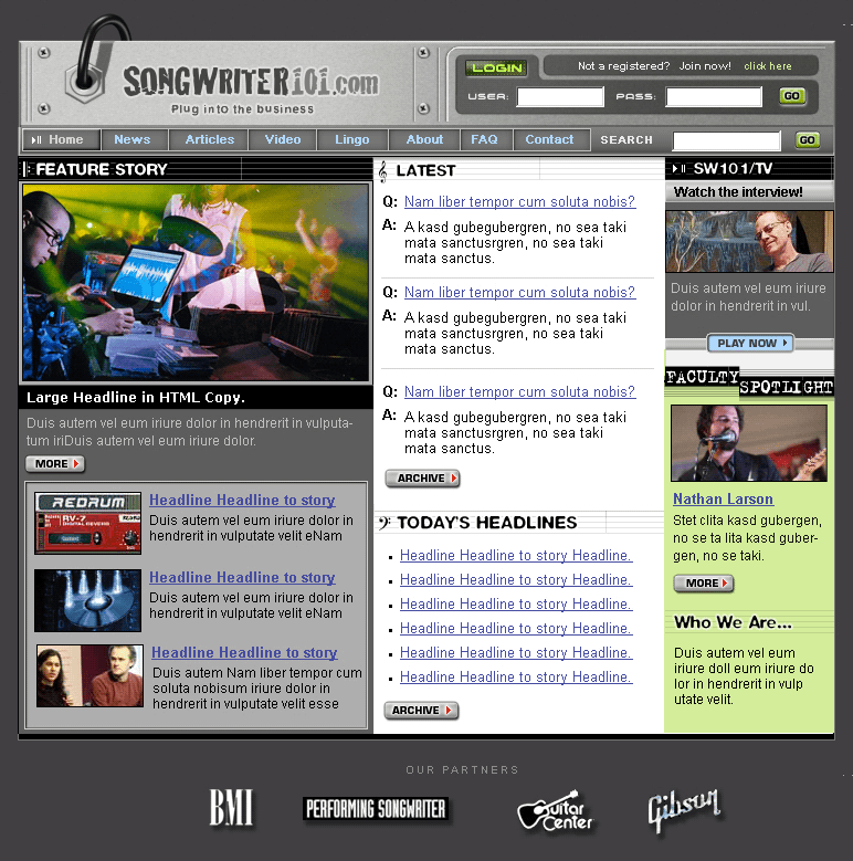 The Songwriter 101 home page, with a feature story, a Q&A column, video interviews, a faculty spotlight, and partner logos for BMI, Performing Songwriter, Guitar Center, and Gibson
