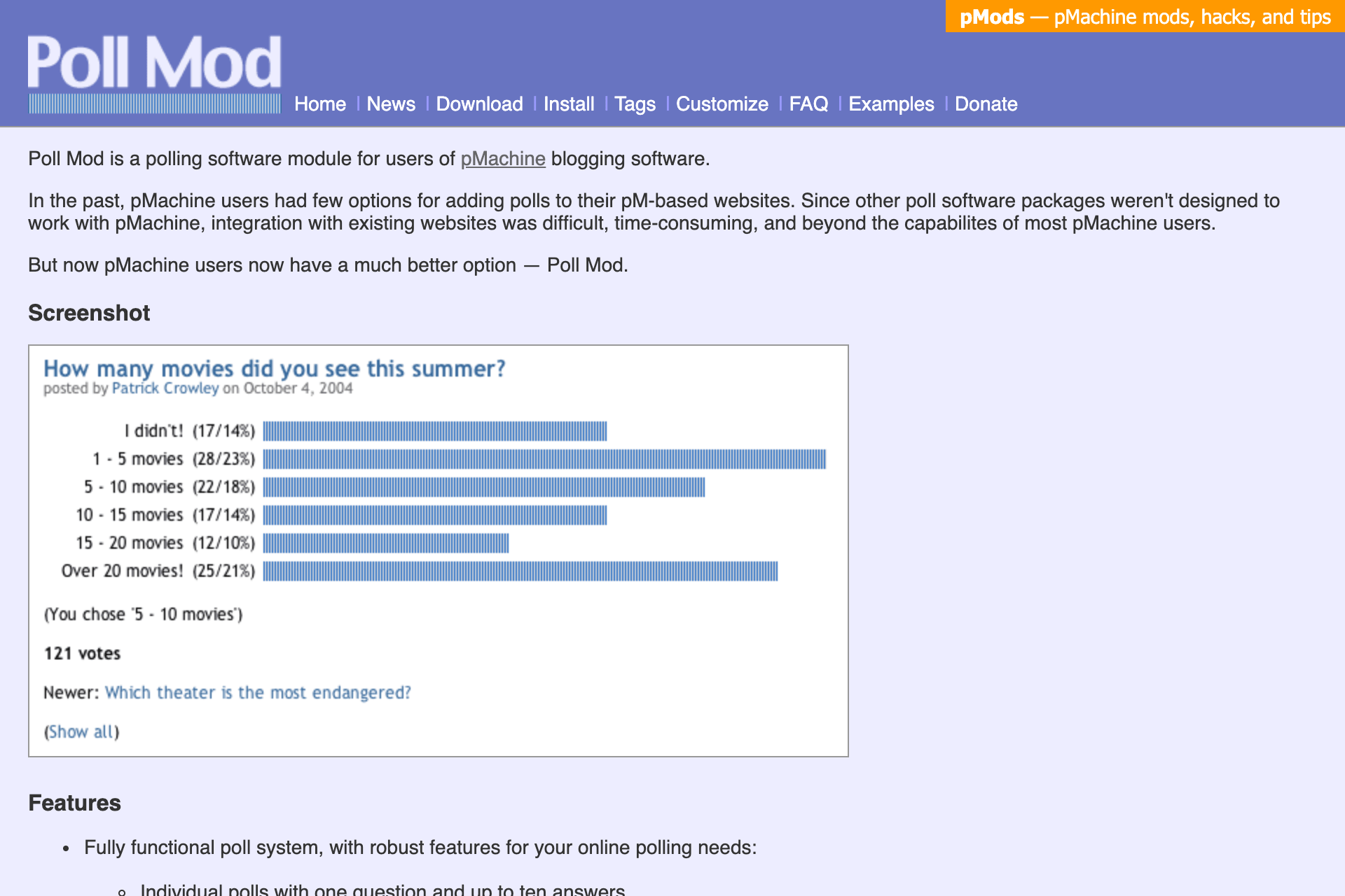The Poll Mod home page, with a sample poll asking “How many movies did you see this summer?” and its results graphed as bars