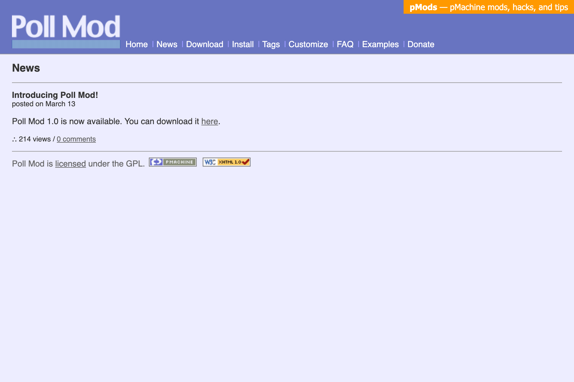 Poll Mod’s News page, announcing Poll Mod 1.0