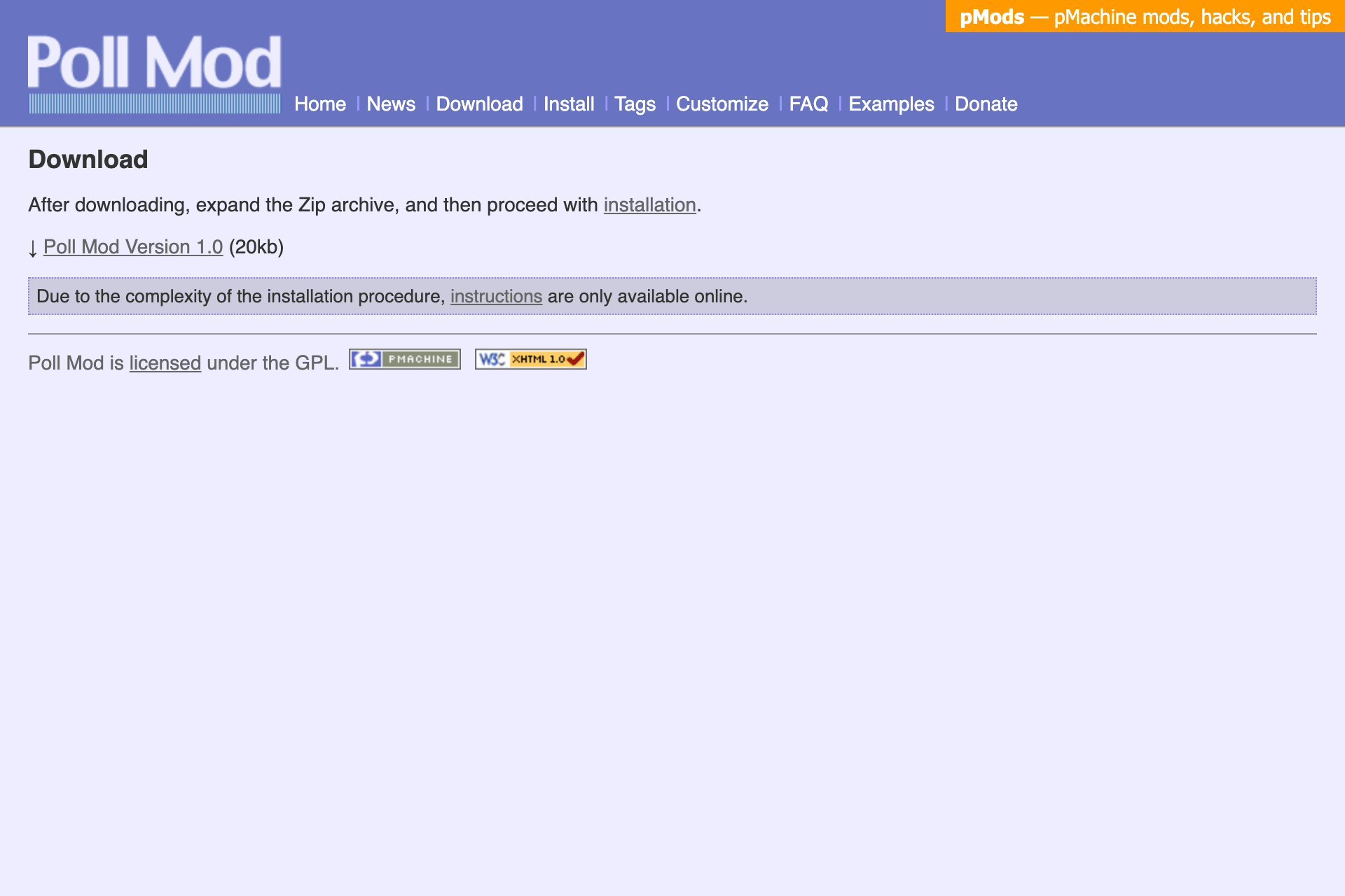 Poll Mod’s Download page, with a link to download version 1.0