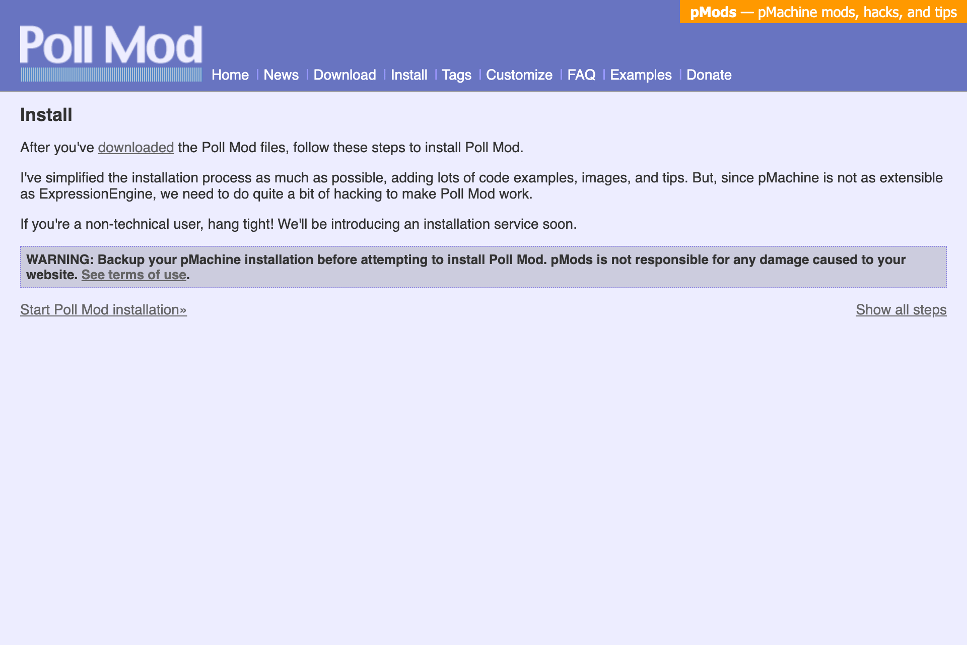Poll Mod’s Install page, with an overview of the installation steps and a warning to back up first