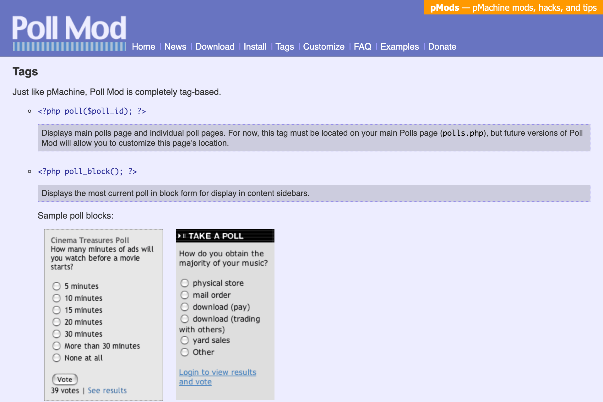 Poll Mod’s Tags page, with sample sidebar poll blocks from Cinema Treasures and Songwriter 101