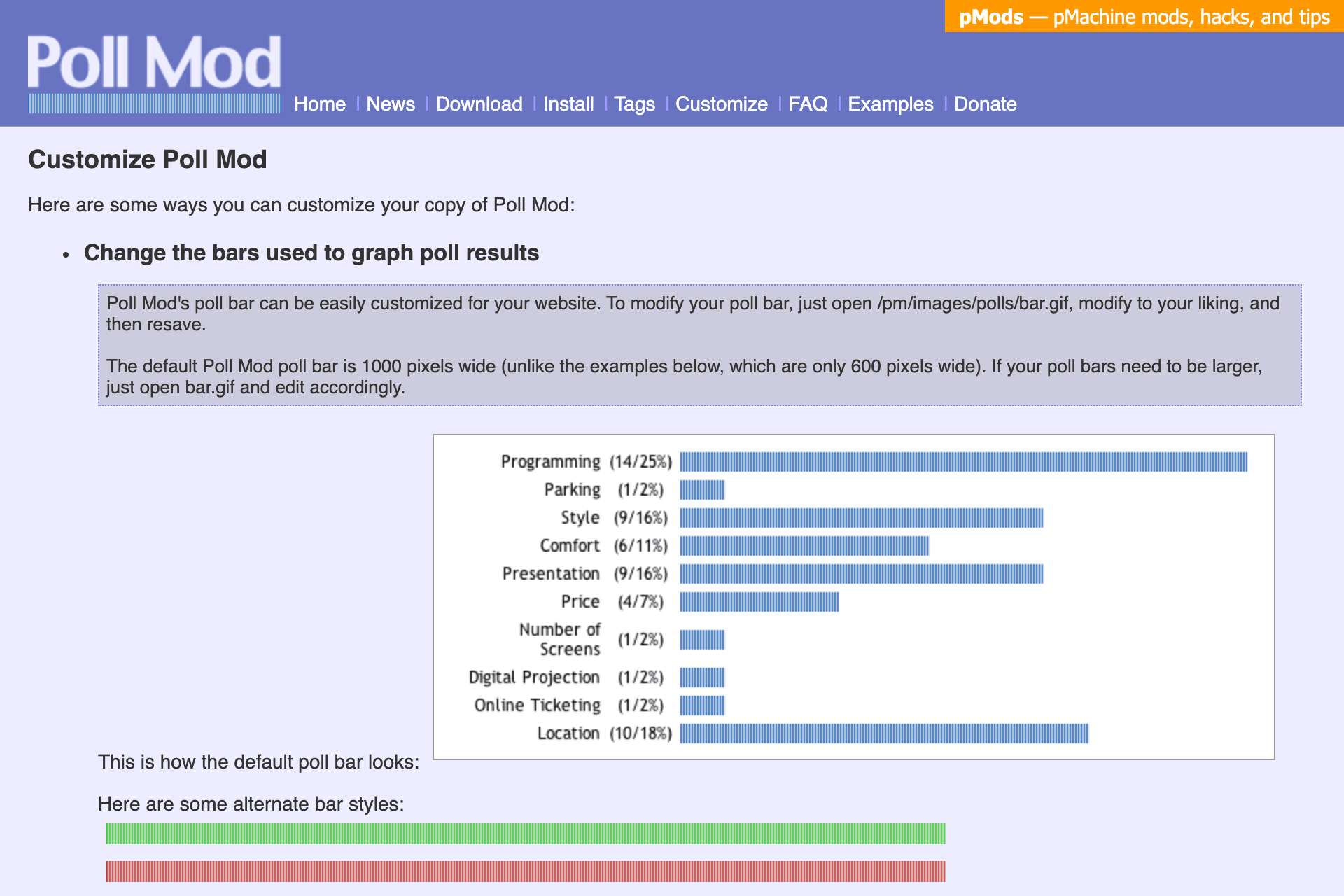 Poll Mod’s Customize page, with a sample bar graph of poll results and alternate bar styles