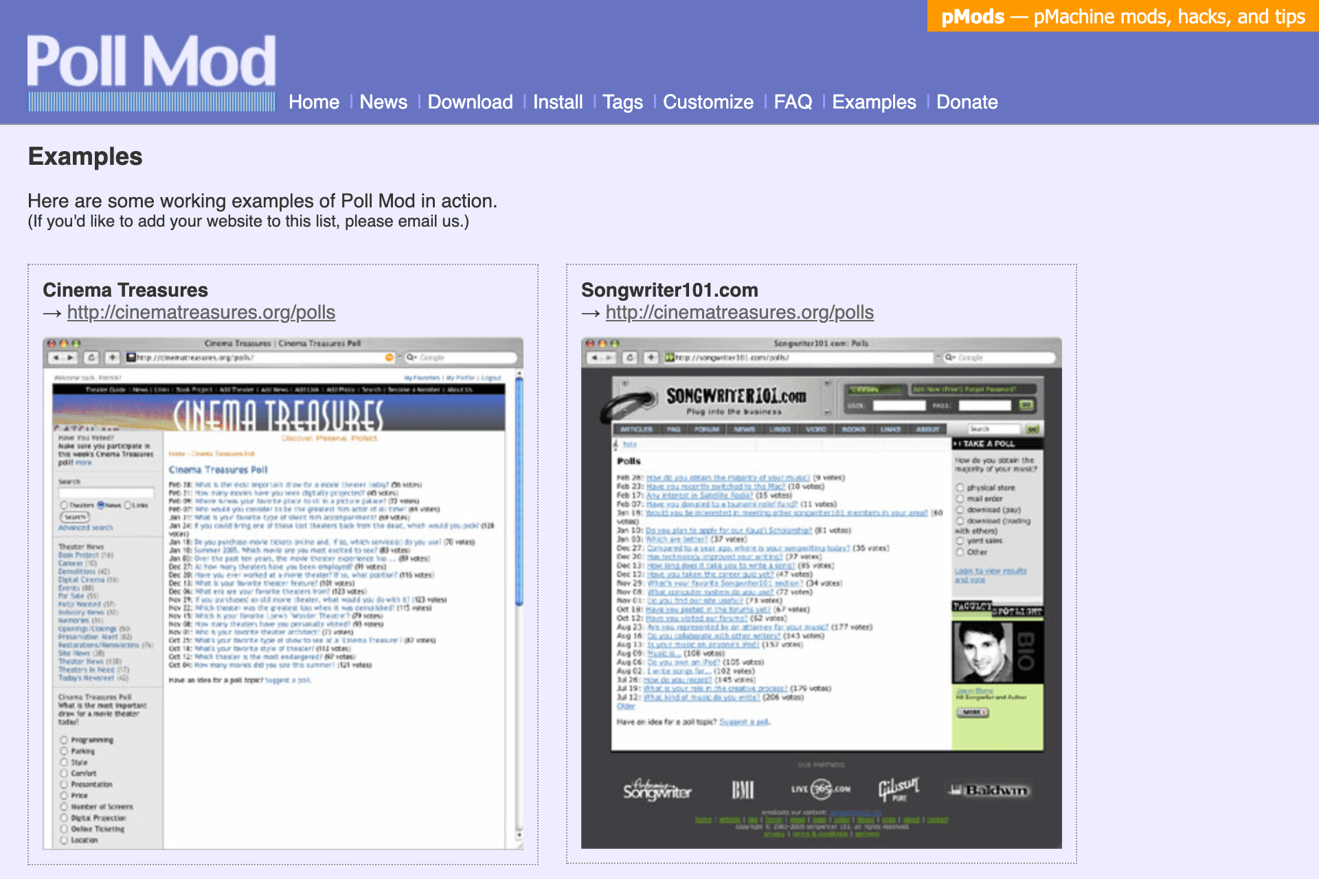 Poll Mod’s Examples page, with screenshots of the polls pages on Cinema Treasures and Songwriter101.com