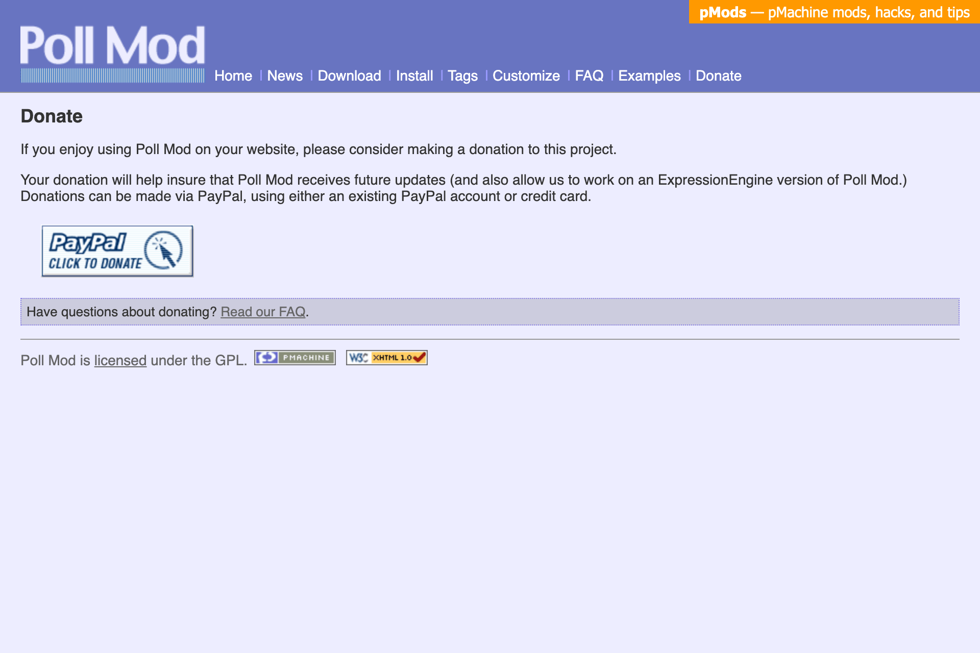 Poll Mod’s Donate page, with a PayPal donation button